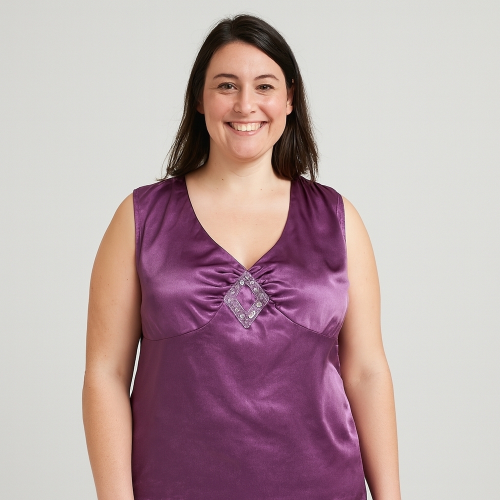 Lane Bryant Purple Satin Beaded Glam Y2K Babydoll Going Out Blouse Size 14